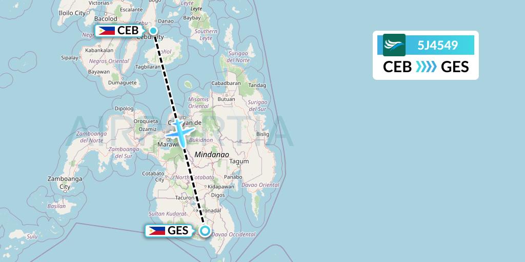 5J4549 CEBU Pacific Air Flight Map: Cebu to General Santos
