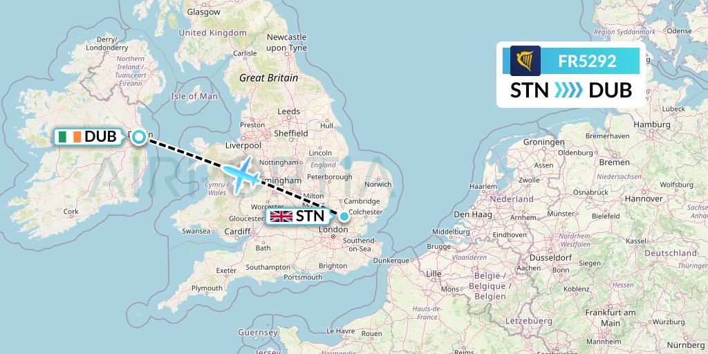 FR5292 Ryanair Flight Map: London to Dublin
