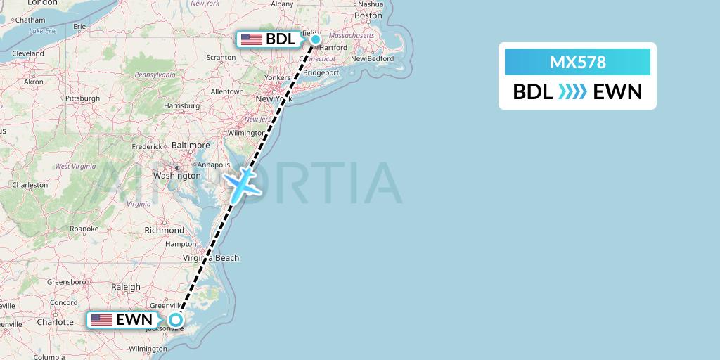 MX578 Breeze Airways Flight Map: Windsor Locks to New Bern