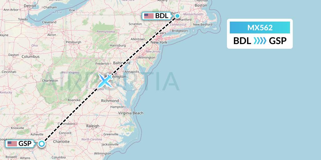 MX562 Breeze Airways Flight Map: Windsor Locks to Greenville-Spartanburg