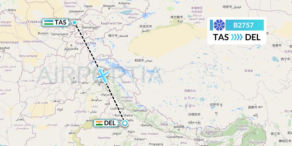 B2757 Belavia Flight Map: Tashkent to Delhi