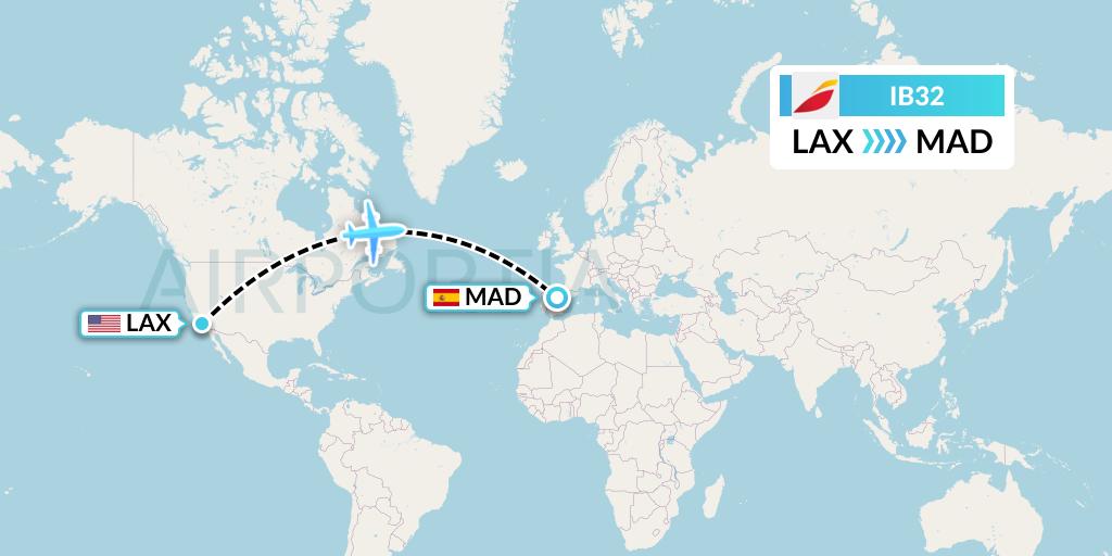 IB32 Iberia Flight Map: Los Angeles to Madrid