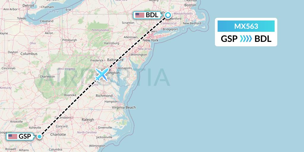 MX563 Breeze Airways Flight Map: Greenville-Spartanburg to Windsor Locks