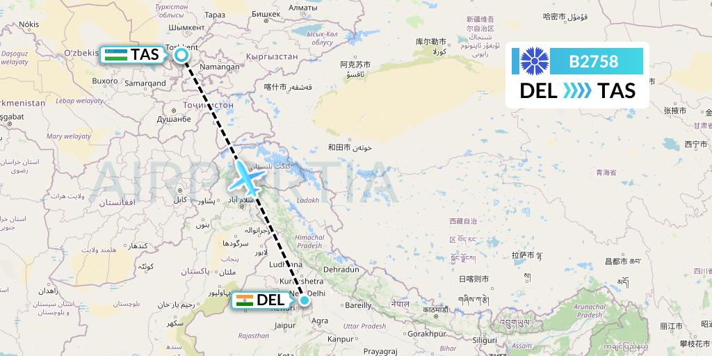 B2758 Belavia Flight Map: Delhi to Tashkent
