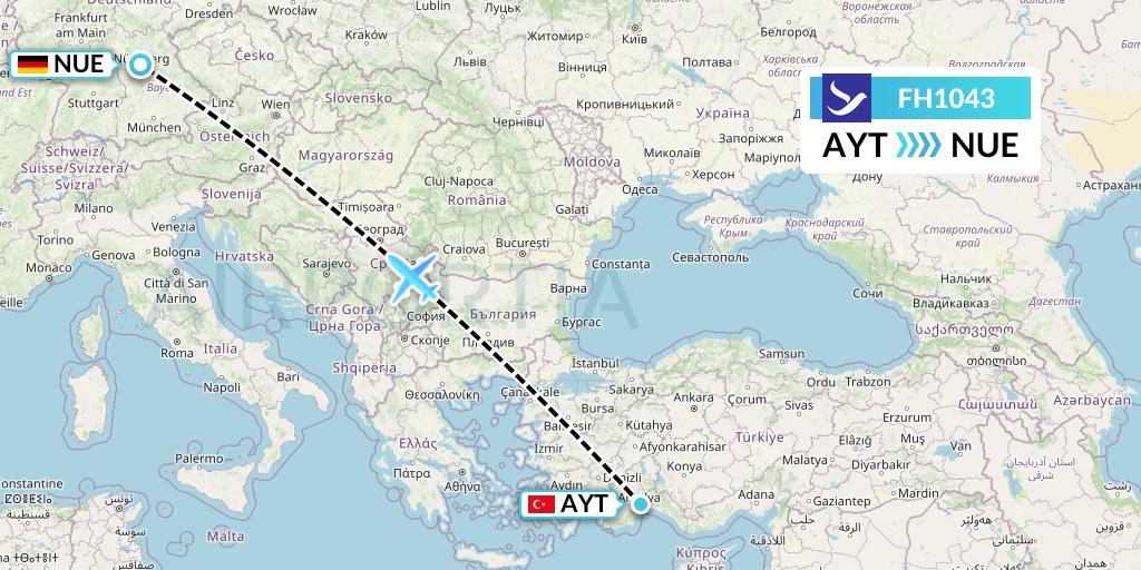 FH1043 Freebird Airlines Flight Map: Antalya to Nurnberg