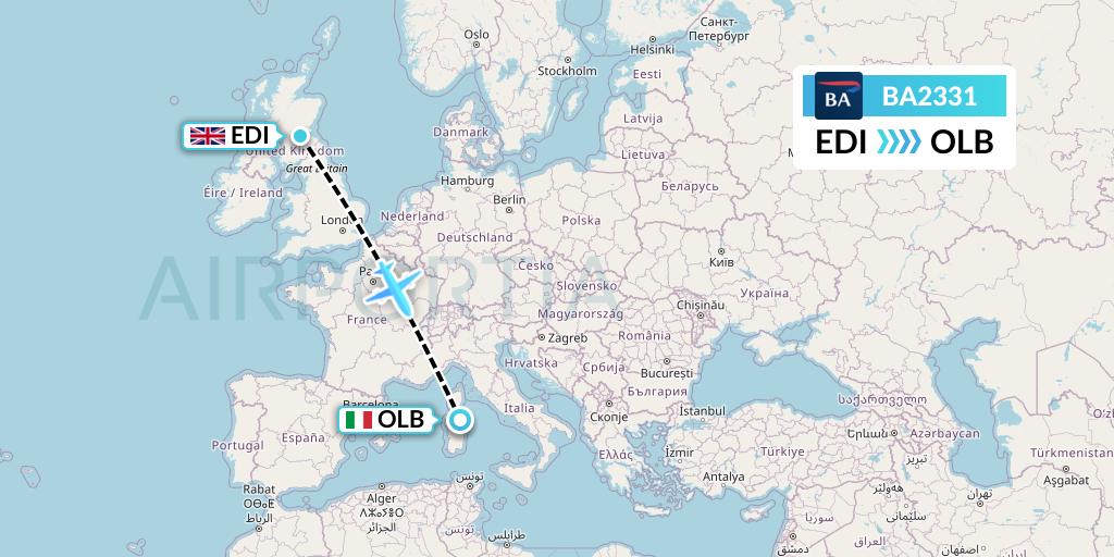 BA2331 British Airways Flight Map: Edinburgh to Olbia