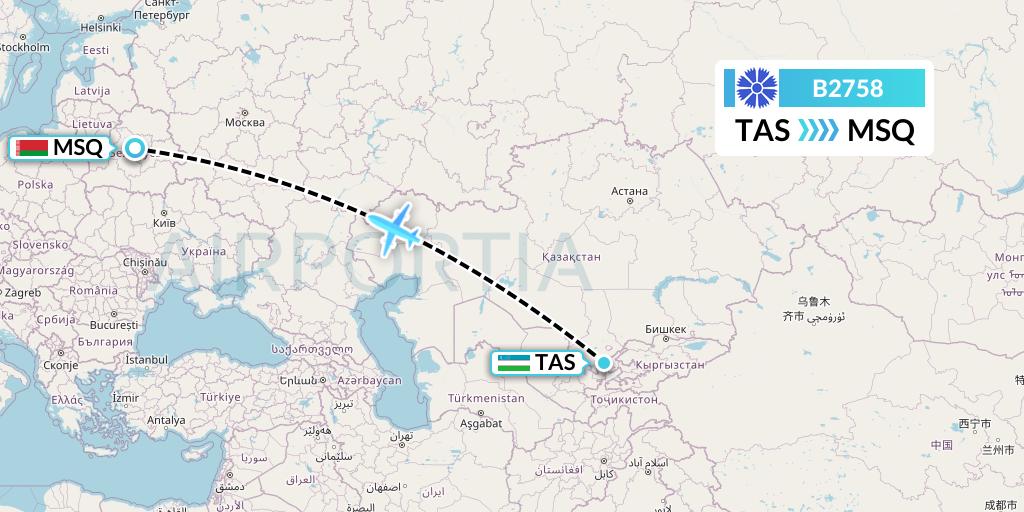 B2758 Belavia Flight Map: Tashkent to Minsk