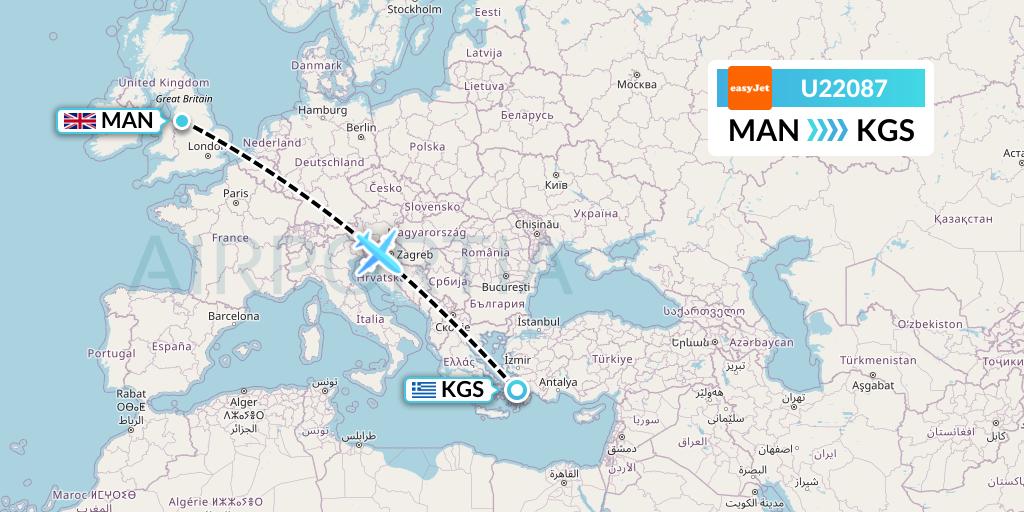 U22087 EasyJet Flight Map: Manchester to Kos
