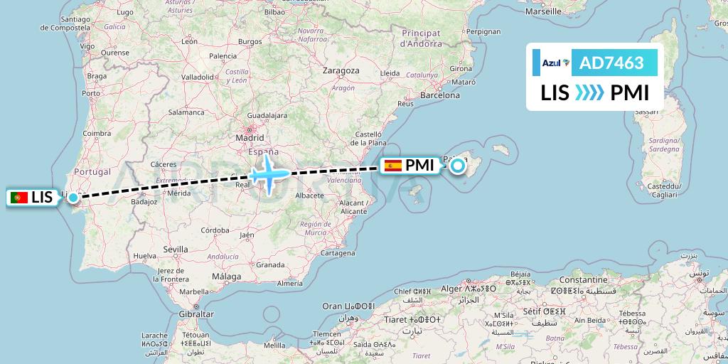 AD7463 Azul Brazilian Airlines Flight Map: Lisbon to Palma de Mallorca