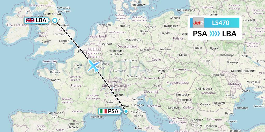 LS470 Jet2 Flight Map: Pisa to Leeds