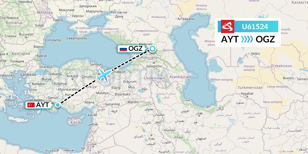 U61524 Ural Airlines Flight Map: Antalya to Beslan