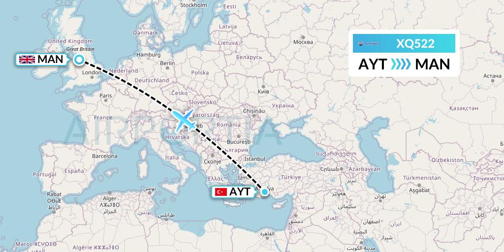 XQ522 SunExpress Flight Map: Antalya to Manchester
