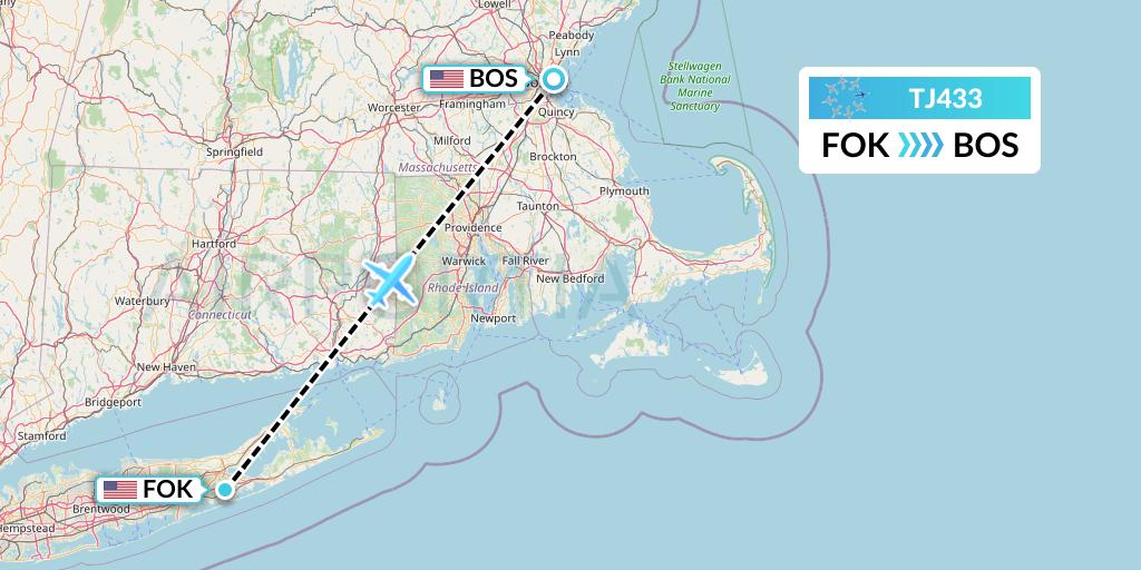 TJ433 Tradewind Aviation Flight Map: Westhampton Beach to Boston