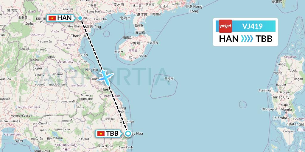 VJ419 VietJet Air Flight Map: Hanoi to Tuy Hoa