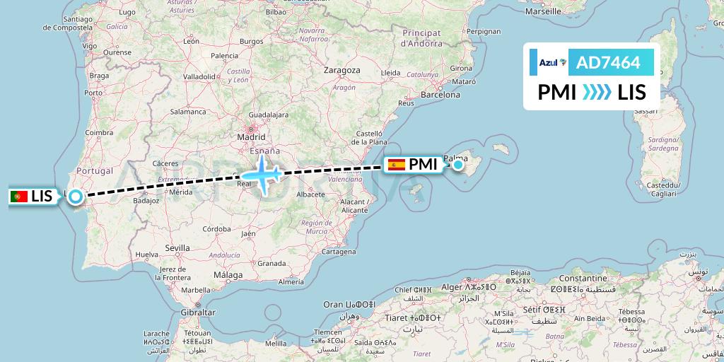 AD7464 Azul Brazilian Airlines Flight Map: Palma de Mallorca to Lisbon