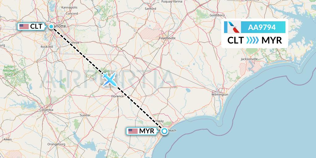 AA9794 American Airlines Flight Map: Charlotte to Myrtle Beach