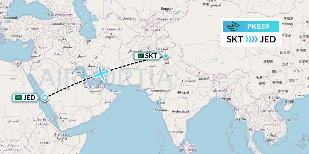 PK859 Pakistan International Airlines Flight Map: Sialkot to Jeddah