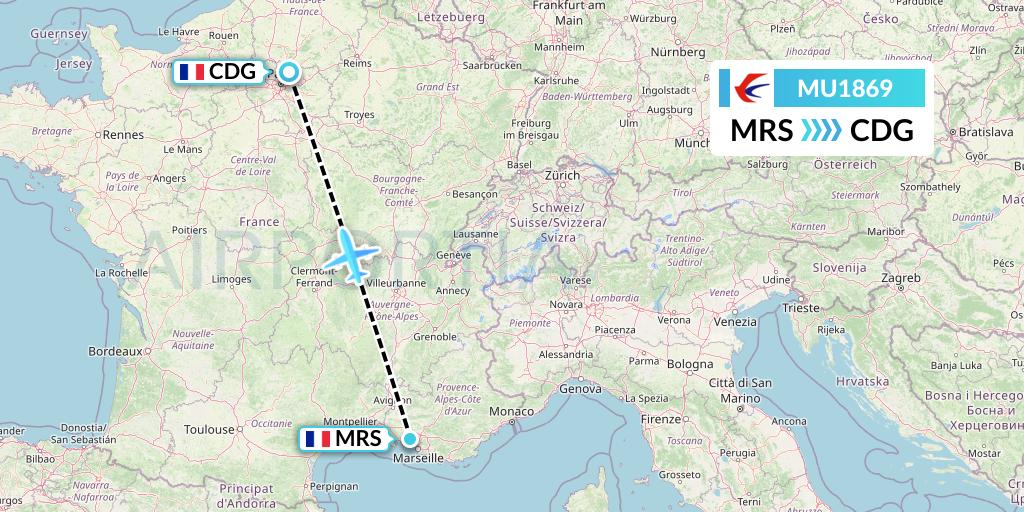 MU1869 China Eastern Airlines Flight Map: Marseille to Paris