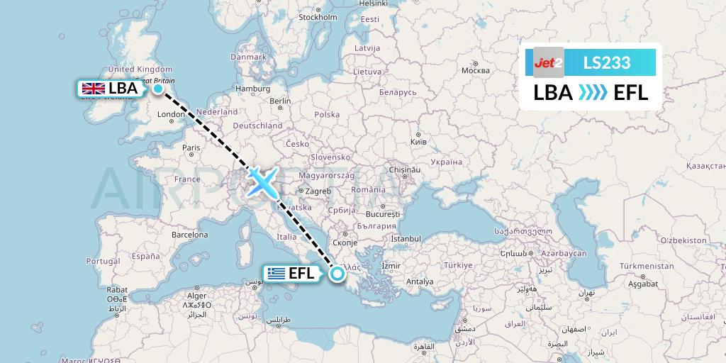 LS233 Jet2 Flight Map: Leeds to Kefalonia