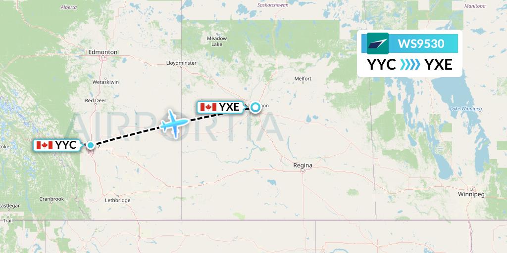 WS9530 WestJet Flight Map: Calgary to Saskatoon