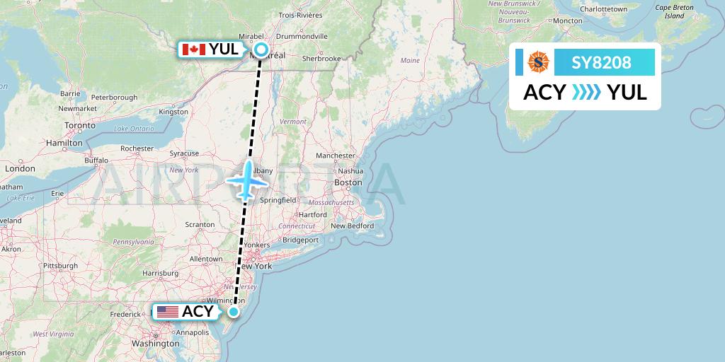 SY8208 Sun Country Airlines Flight Map: Atlantic City to Montreal