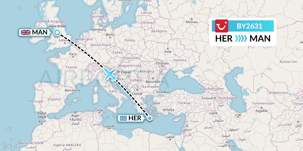 BY2631 TUI Airways Flight Map: Heraklion to Manchester