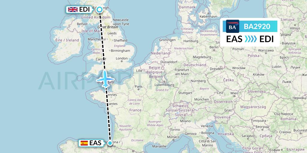 BA2920 British Airways Flight Map: San Sebastian to Edinburgh