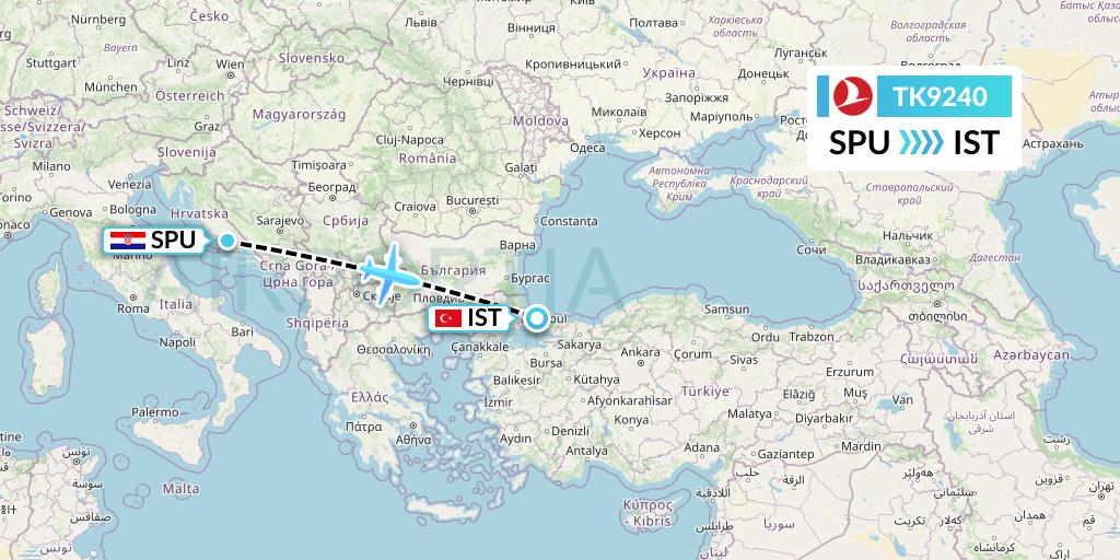 TK9240 Turkish Airlines Flight Map: Split to Istanbul