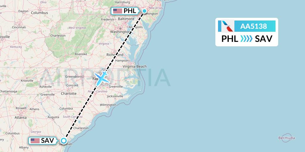 AA5138 American Airlines Flight Map: Philadelphia to Savannah