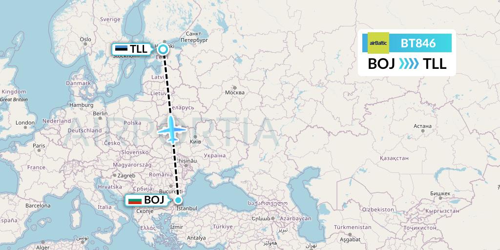 BT846 Air Baltic Flight Map: Burgas to Tallinn