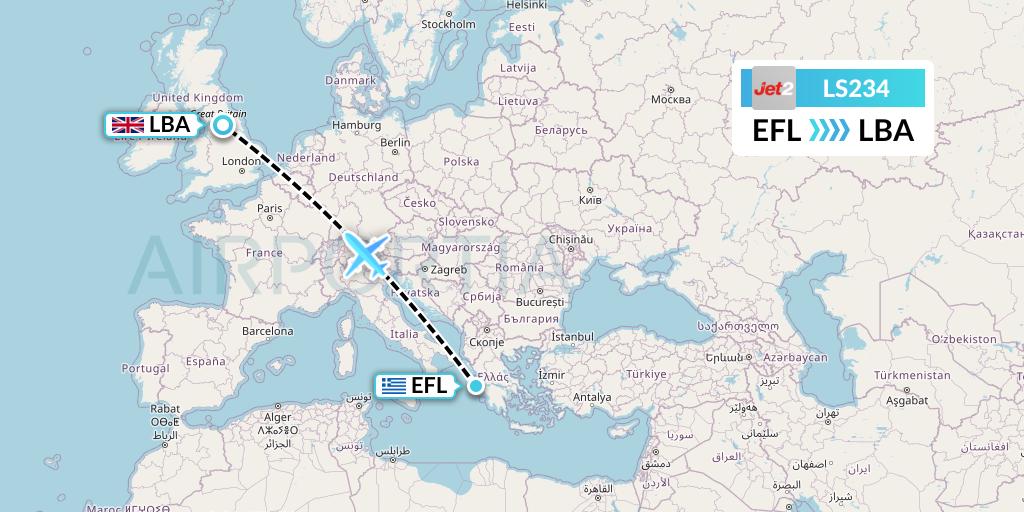 LS234 Jet2 Flight Map: Kefalonia to Leeds