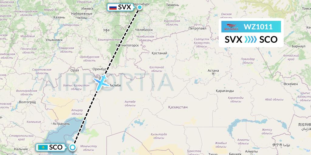 WZ1011 Red Wings Flight Map: Yekaterinburg to Aktau