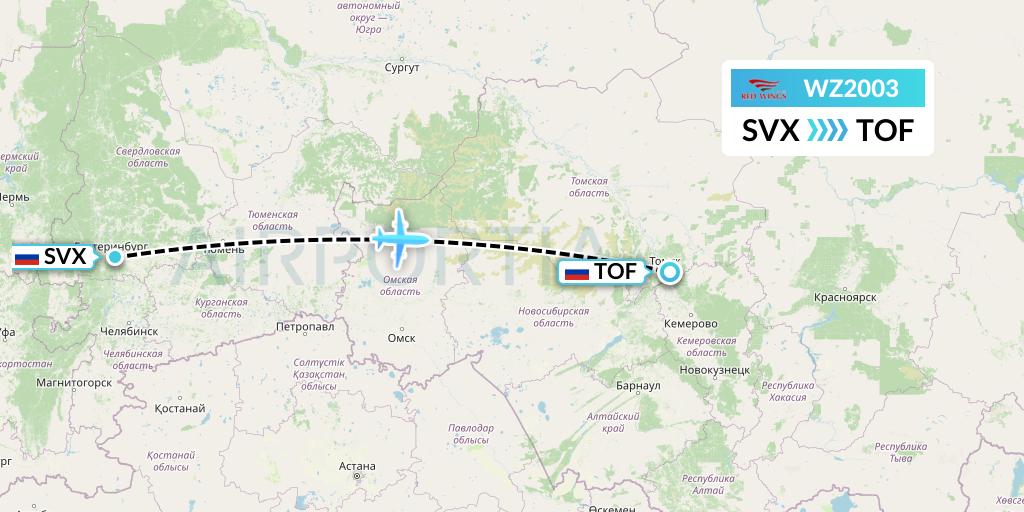 WZ2003 Red Wings Flight Map: Yekaterinburg to Tomsk