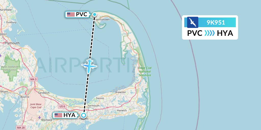 9K951 Cape Air Flight Map: Provincetown to Hyannis