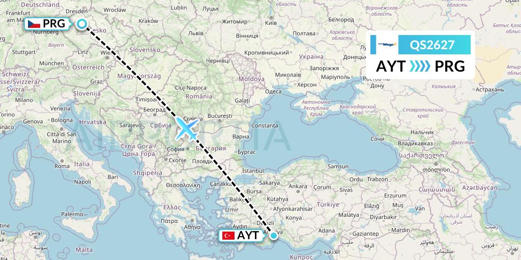 QS2627 Smartwings Flight Map: Antalya to Prague