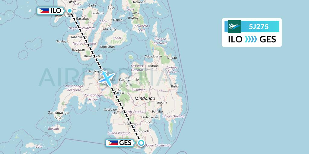 5J275 CEBU Pacific Air Flight Map: Iloilo to General Santos