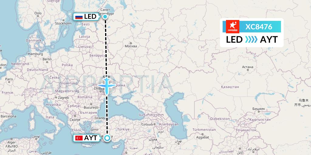 XC8476 Corendon Airlines Flight Map: St. Petersburg to Antalya
