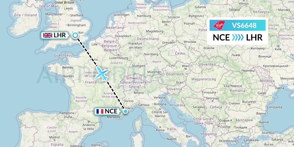 VS6648 Virgin Atlantic Airways Flight Map: Nice to London