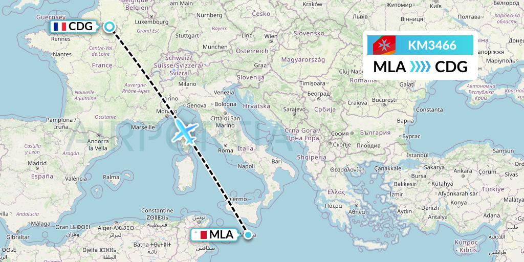 KM3466 Air Malta Flight Map: Malta to Paris