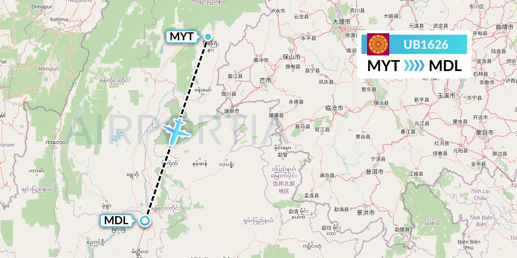 UB1626 Myanmar National Airlines Flight Map: Myitkyina to Mandalay