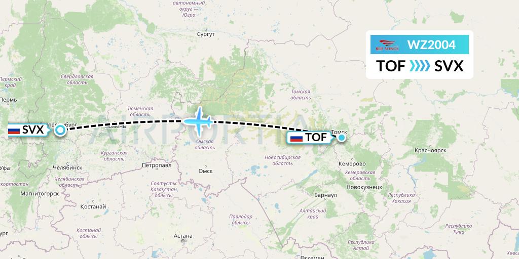 WZ2004 Red Wings Flight Map: Tomsk to Yekaterinburg