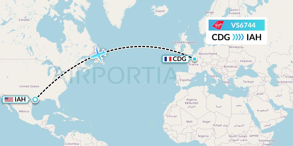 VS6744 Virgin Atlantic Airways Flight Map: Paris to Houston