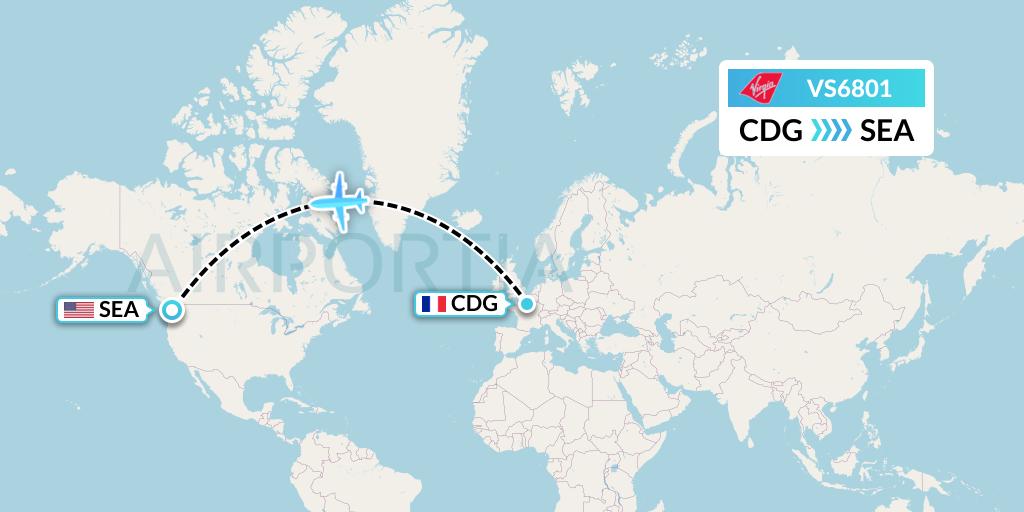 VS6801 Virgin Atlantic Airways Flight Map: Paris to Seattle