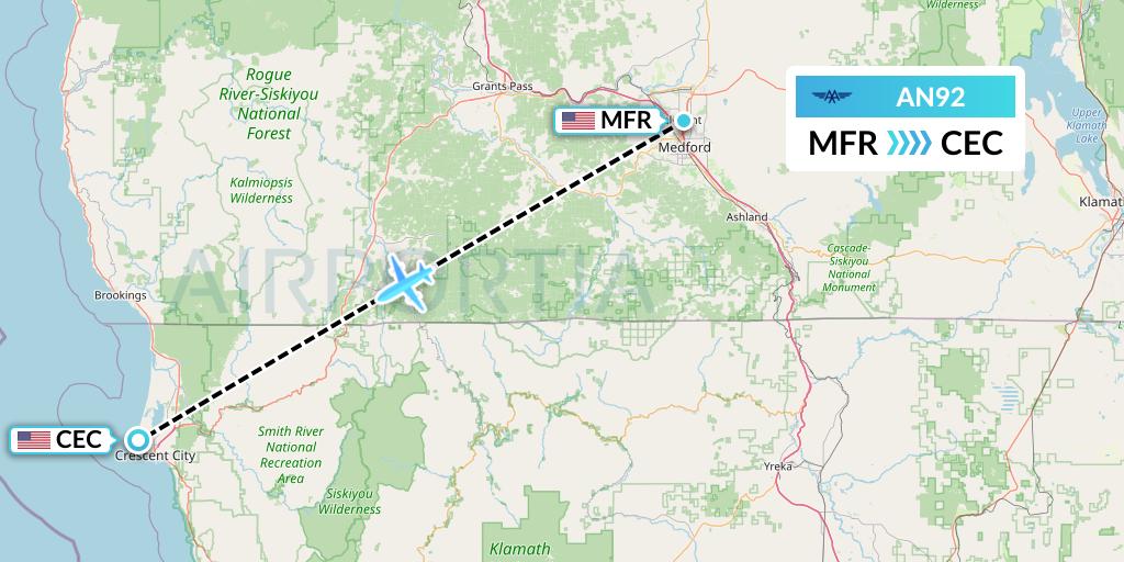 AN92 Advanced Air Flight Map: Medford to Crescent City