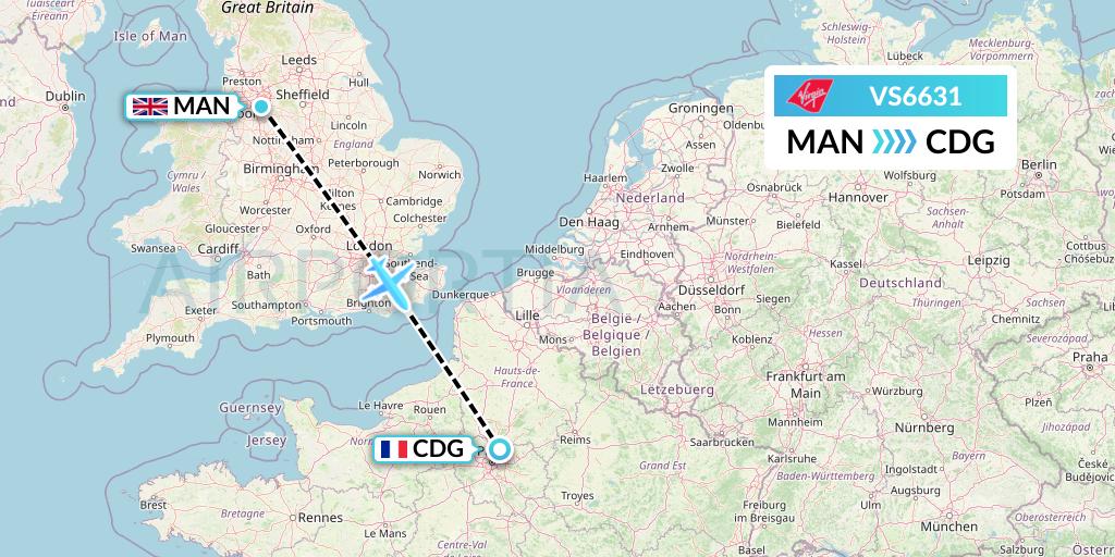 VS6631 Virgin Atlantic Airways Flight Map: Manchester to Paris