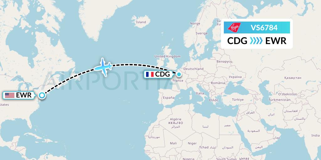VS6784 Virgin Atlantic Airways Flight Map: Paris to New York