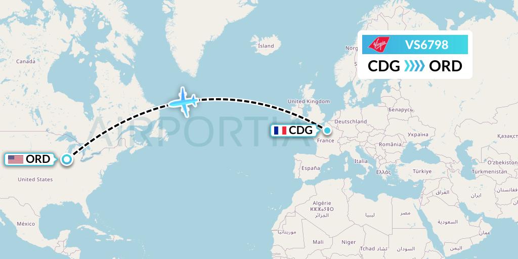 VS6798 Virgin Atlantic Airways Flight Map: Paris to Chicago