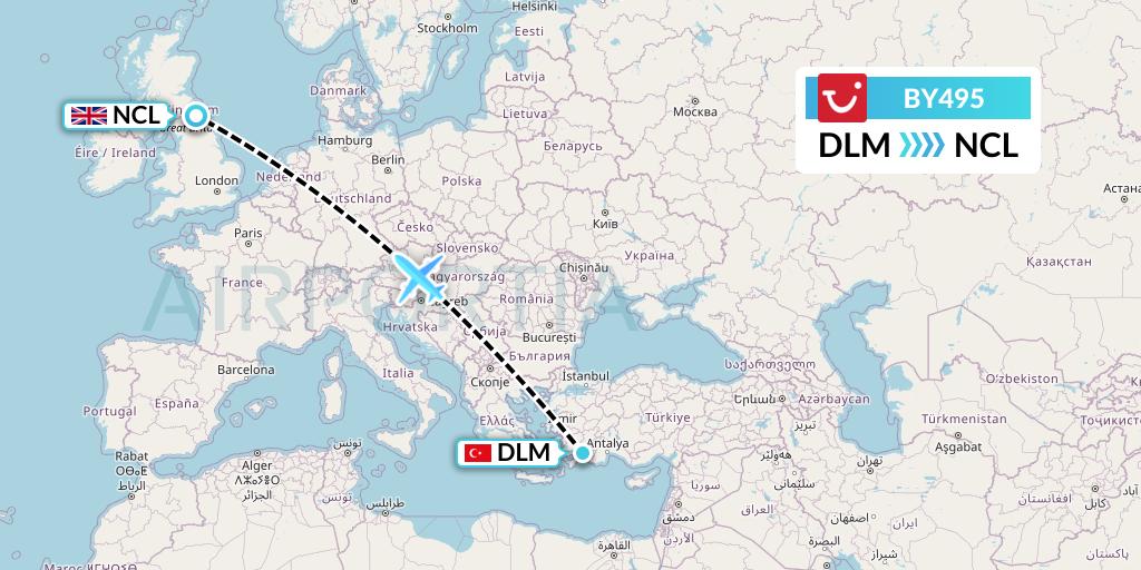 BY495 TUI Airways Flight Map: Dalaman to Newcastle