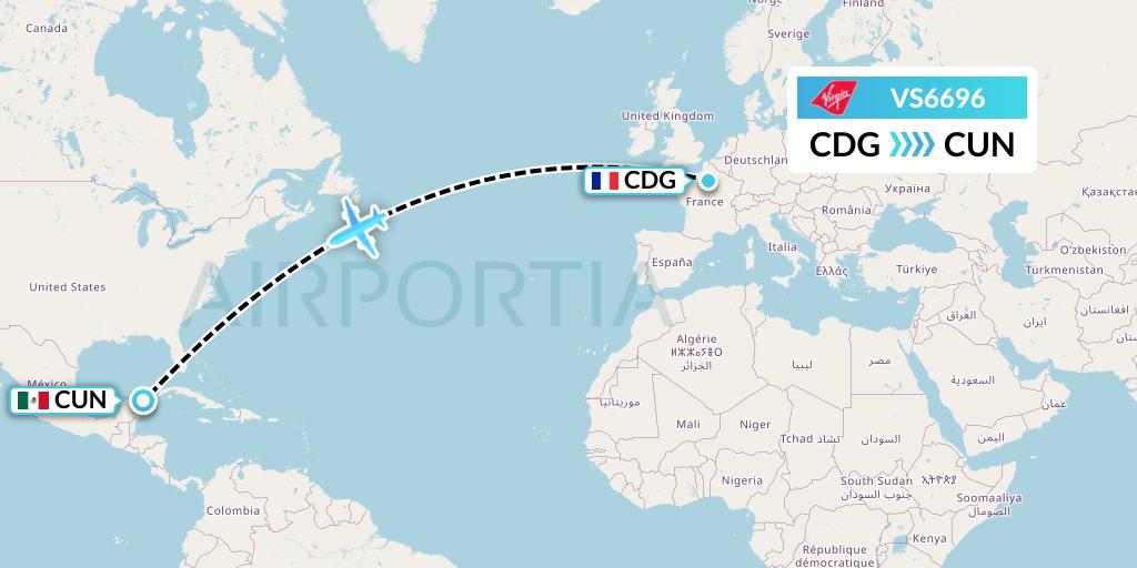 VS6696 Virgin Atlantic Airways Flight Map: Paris to Cancun