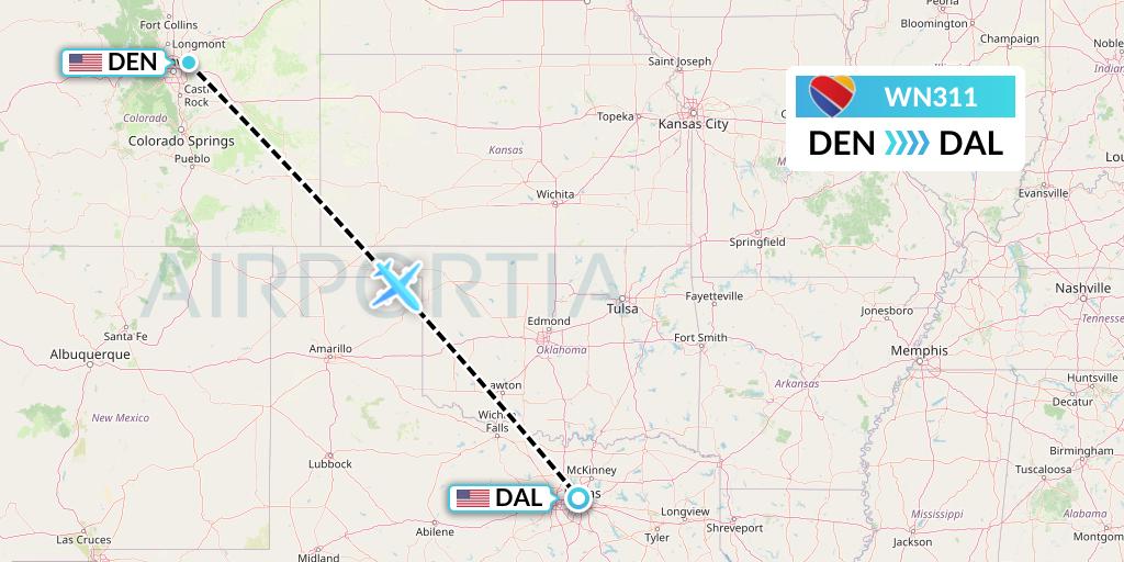 WN311 Southwest Airlines Flight Map: Denver to Dallas